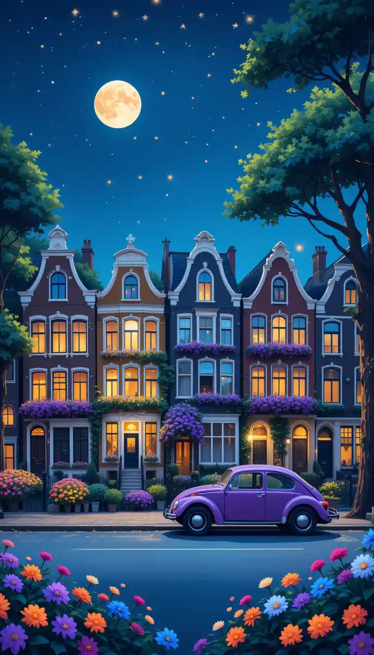 Cozy Amsterdam Townhouses Under A Cobalt Blue Night Sky