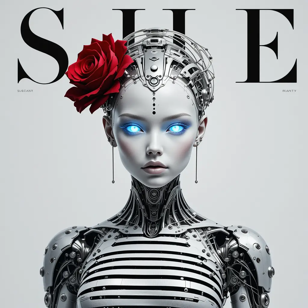 Futuristic female android portrait on black and white magazine cover