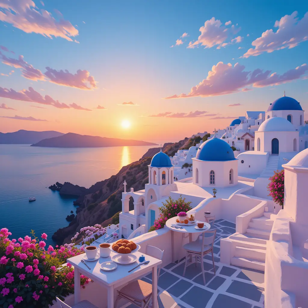Peaceful sunrise over Santorini with glowing cliffside homes