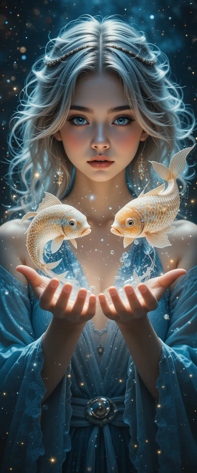 Surreal Pisces girl with glowing celestial koi fish