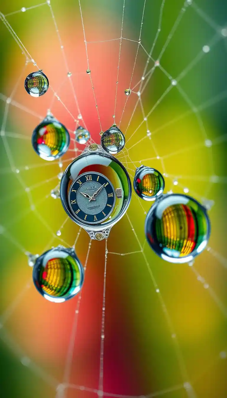 Macro spider web with dewdrops reflecting a luxury watch