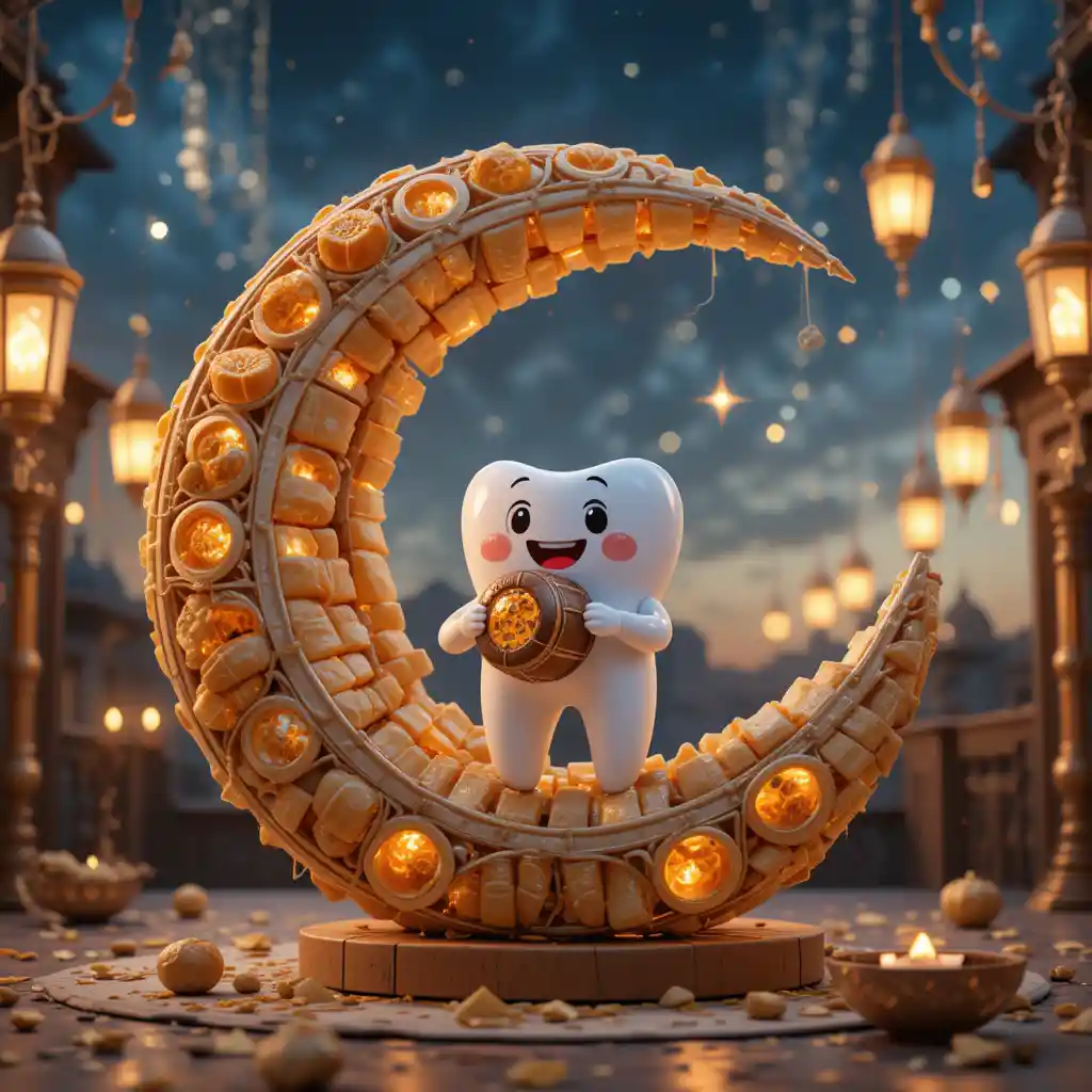Cute 3D tooth character on a crescent of ramadan sweets
