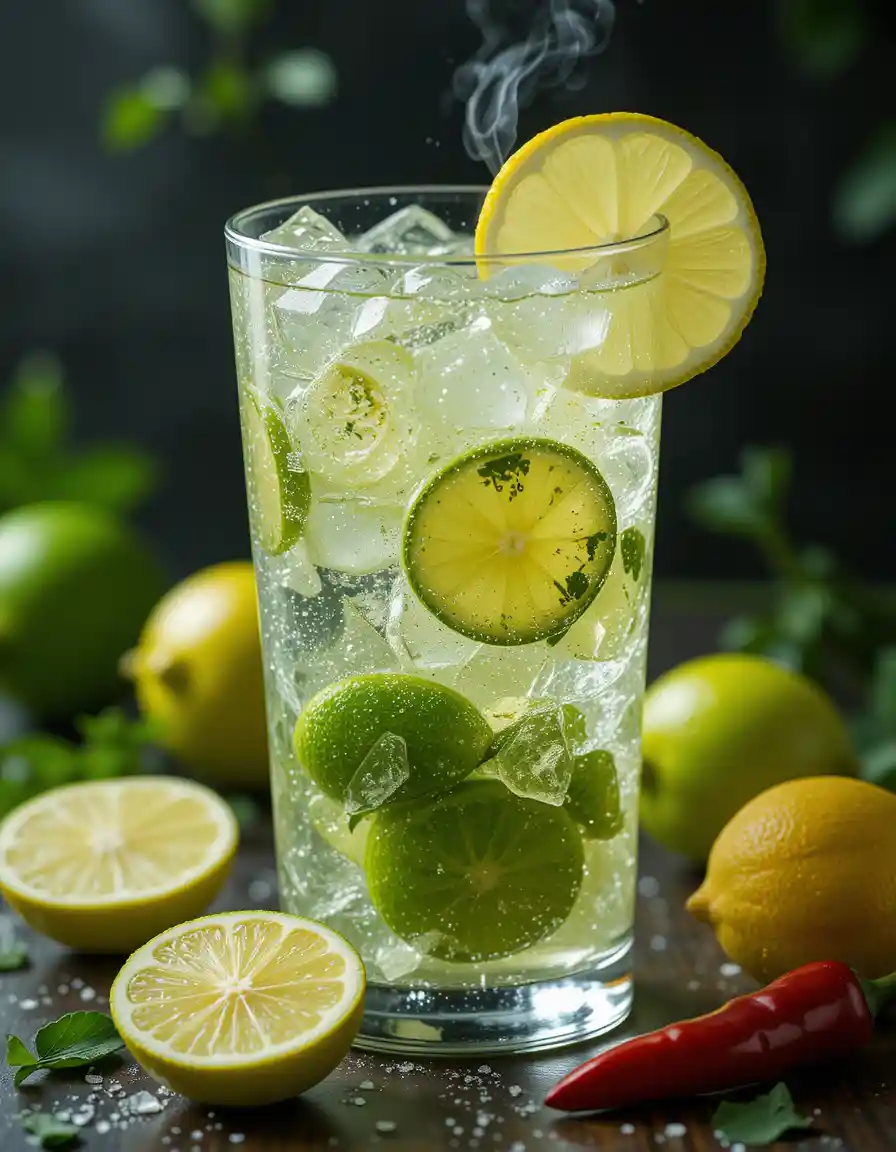 Refreshing lime soda in a glass with lemon slices