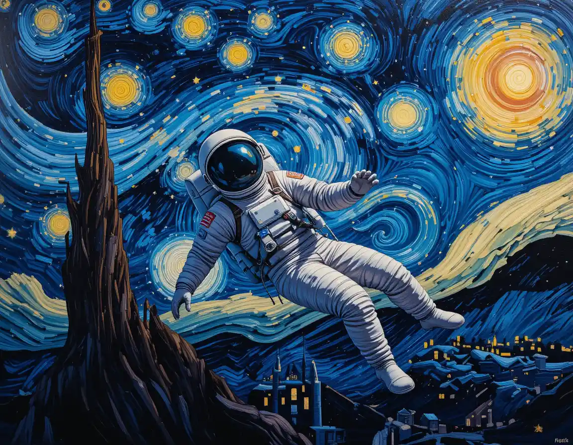 Astronaut Floating In Colorful Outer Space Oil Painting