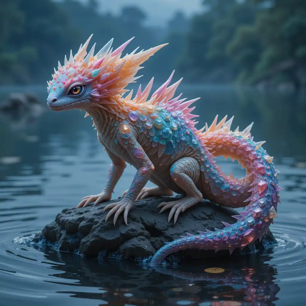 Crystal covered fantasy creature on a rock in a lake