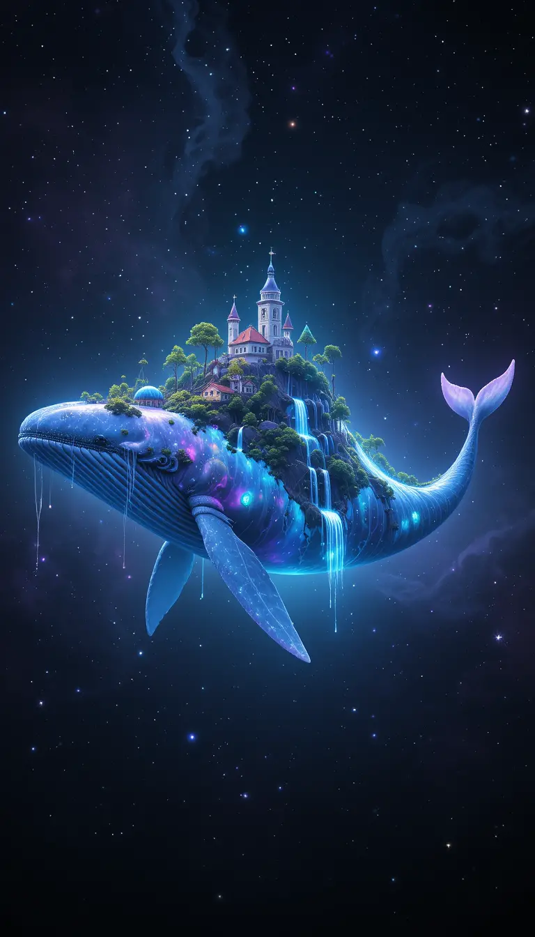 Ethereal cosmic whale carrying a luminous floating world