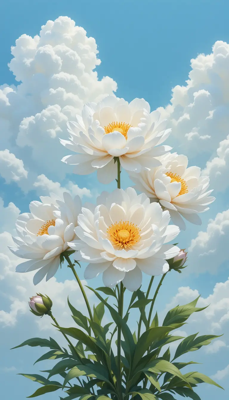 Fiori di peonia bianca sotto un soffice cielo azzurro nuvoloso
