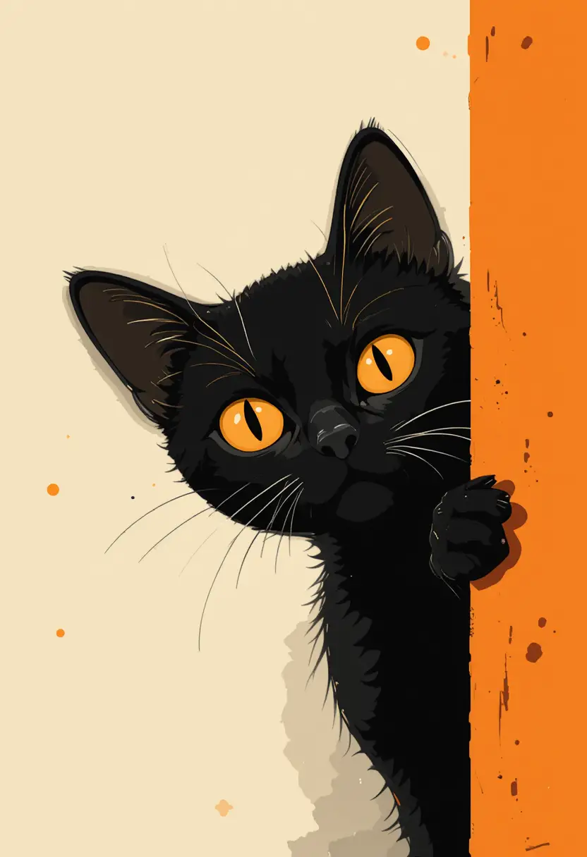 Minimalist black cat illustration peeking behind orange wall