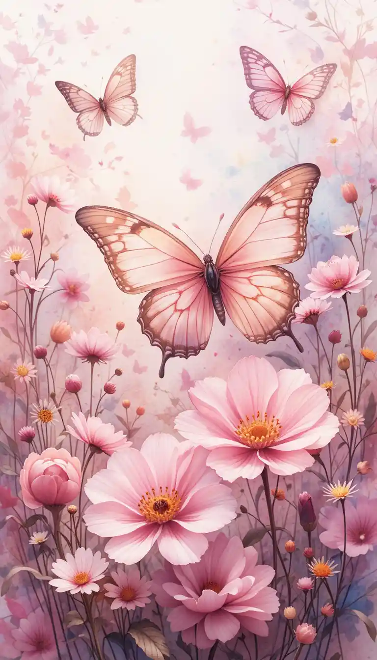 Dreamy watercolor butterflies with pastel pink flowers