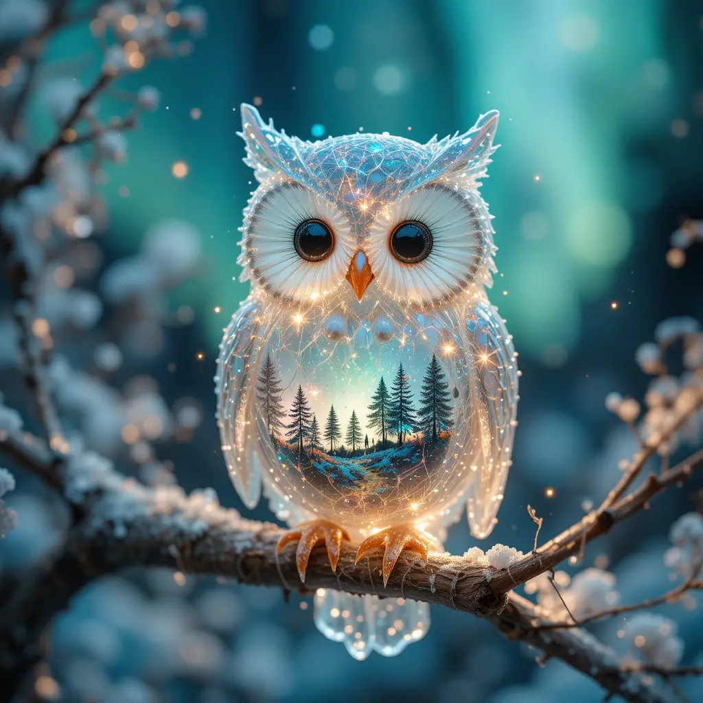 Iridescent Ice Owl With Neon Forest Double Exposure