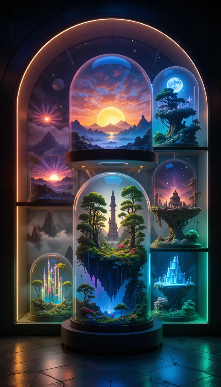 Surreal glass domes displaying glowing fantasy landscapes