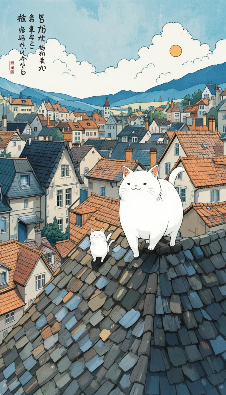 Two fat cats walking together across town rooftops