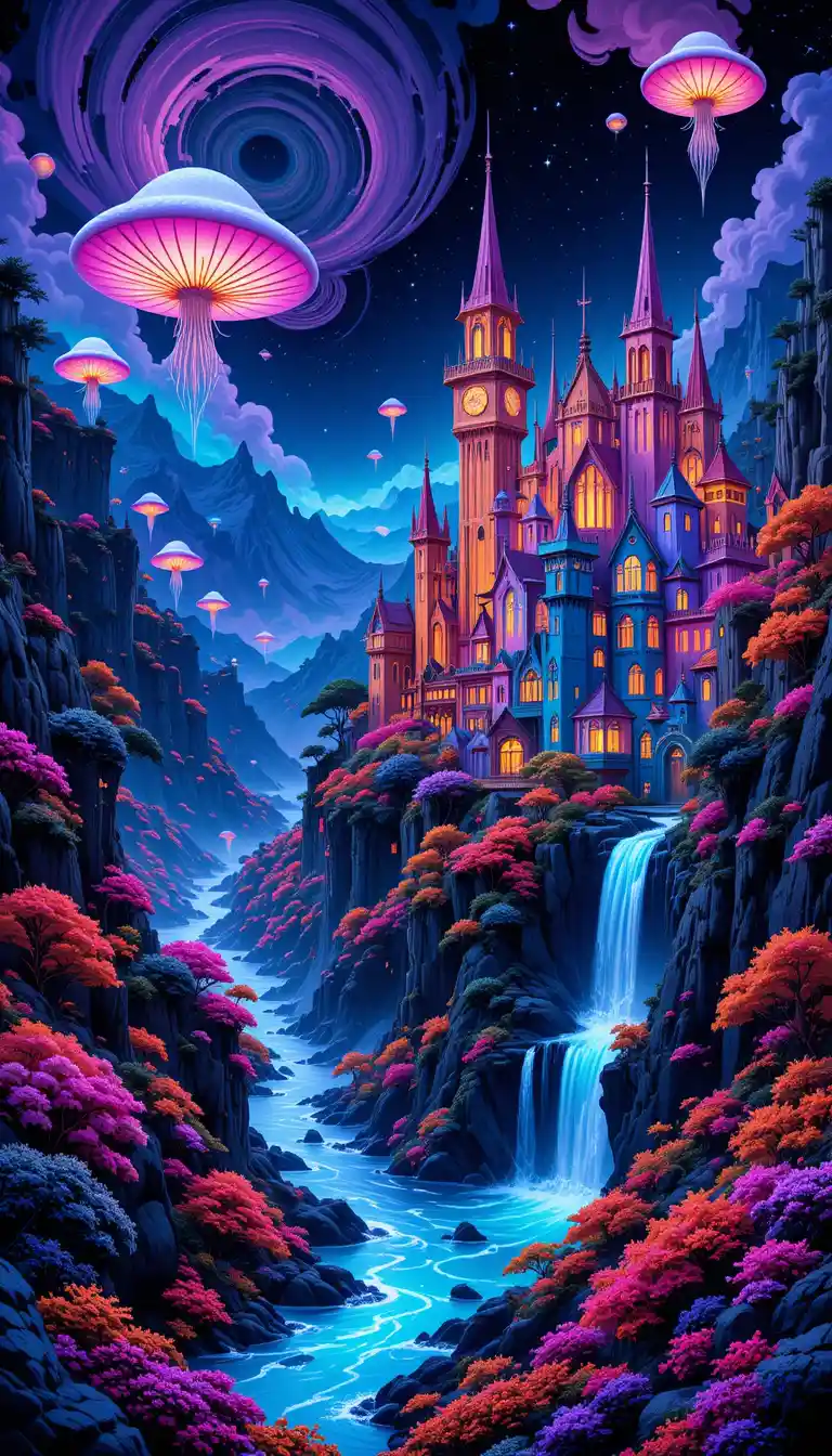 Fantastical glowing city in a colorful valley