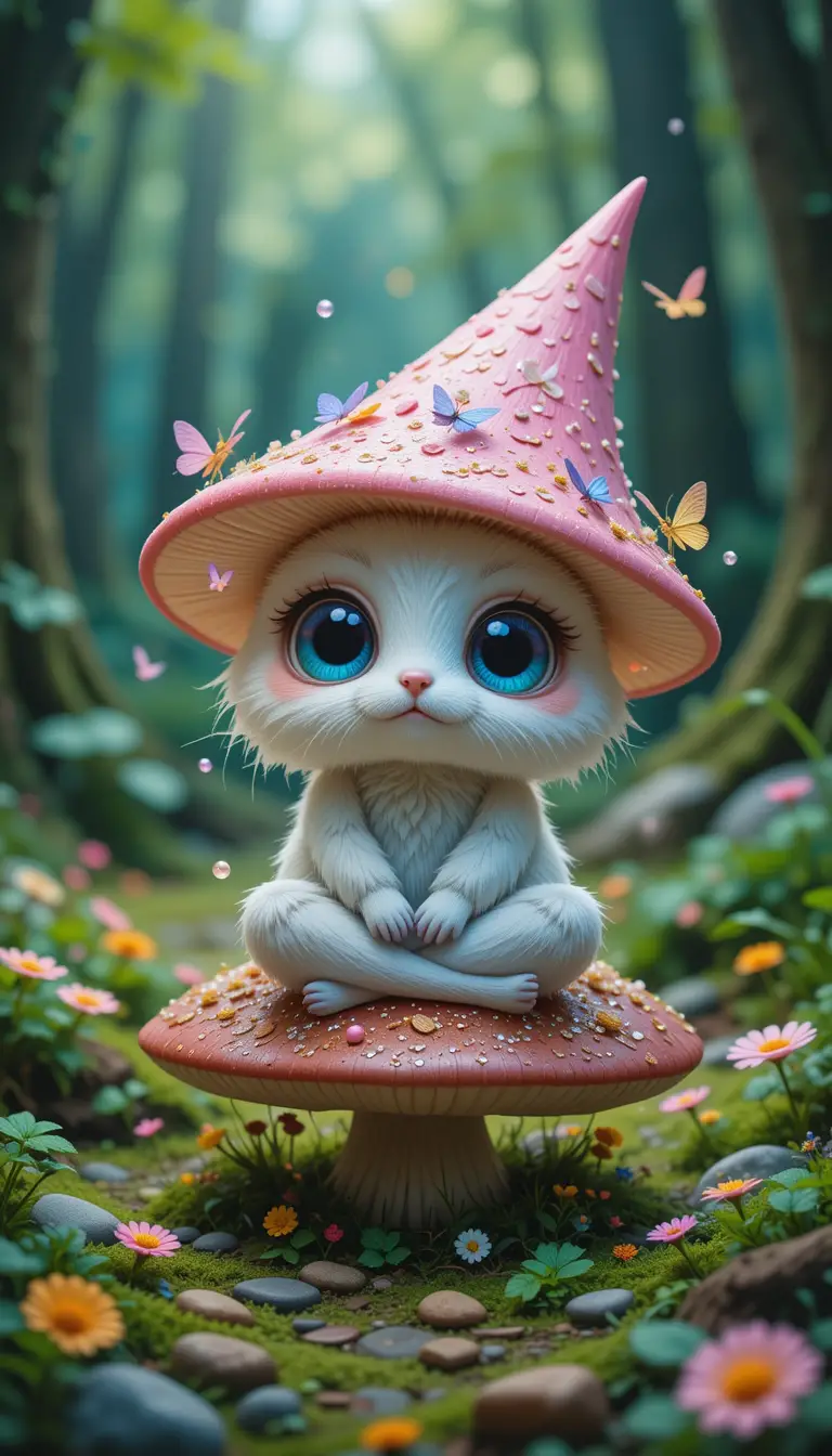 Whimsical Cartoon Creature Meditating On Forest Mushroom