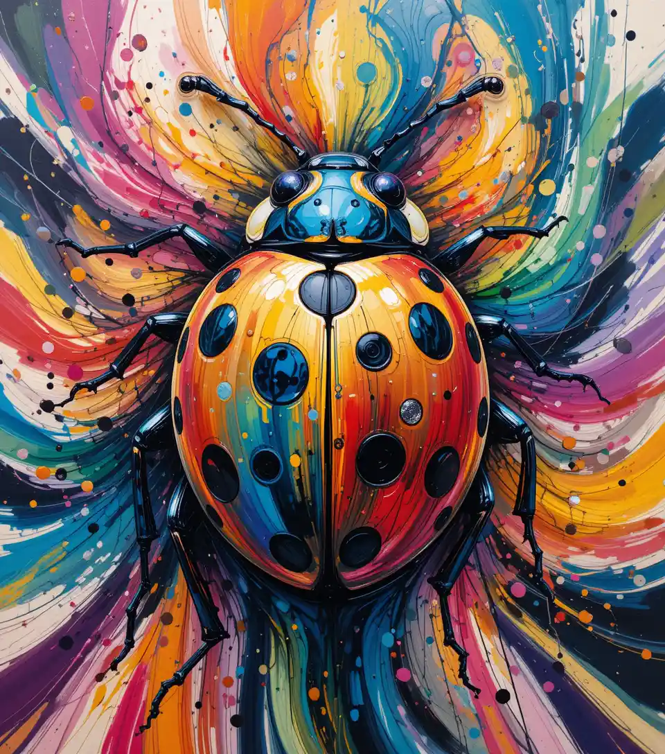 Expressive abstract portrait of a vibrant ladybug vortex