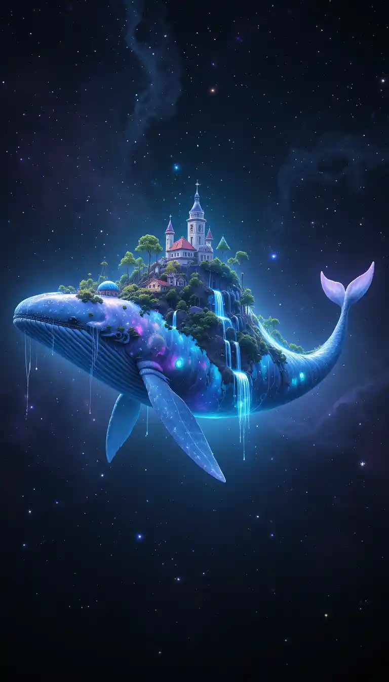 Baleia cósmica etérea carregando um mundo flutuante luminoso