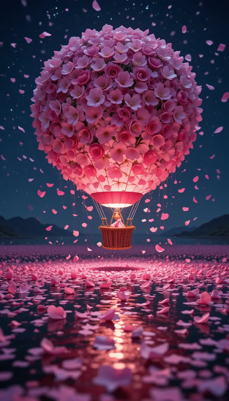 Hot air balloon of pink flowers in the night sky