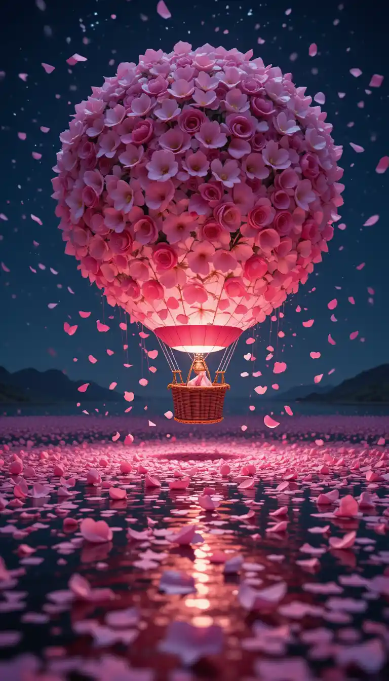 Hot air balloon of pink flowers in the night sky