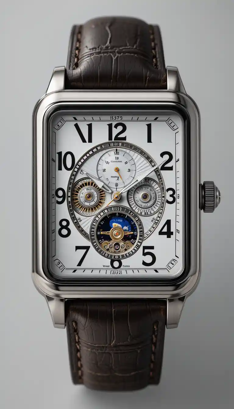 Rectangular smartwatch with gears and moon phase display