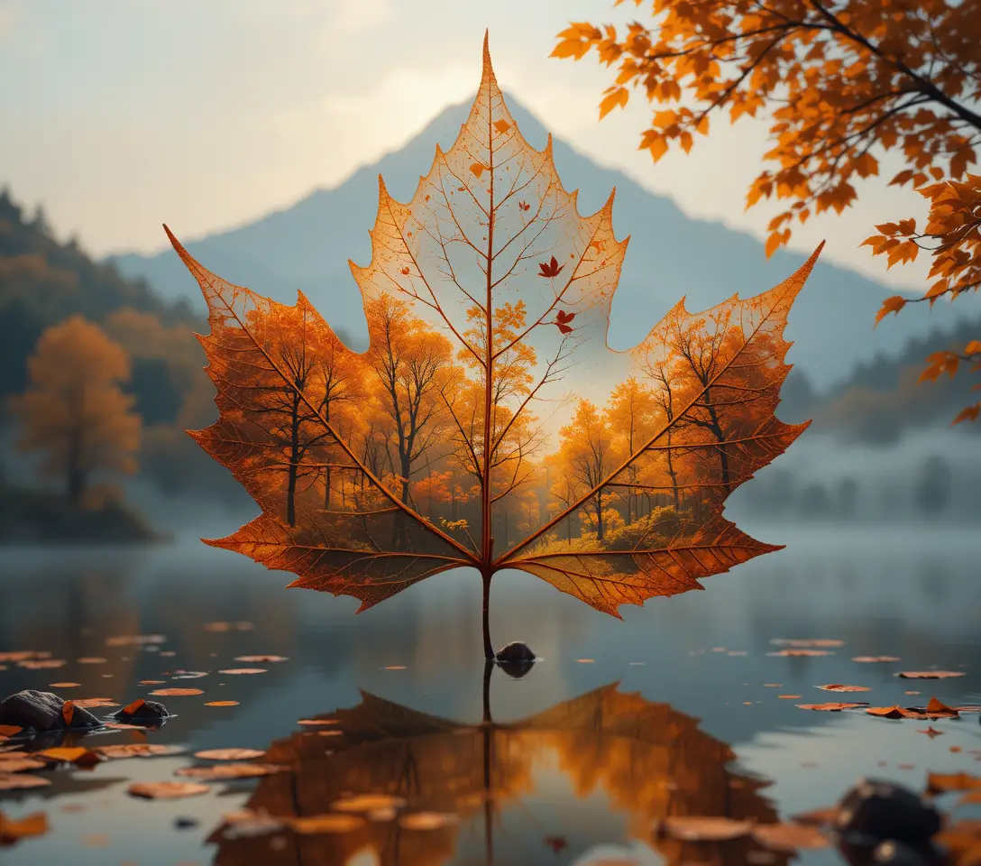 Translucent Maple Leaf Framing A Misty Mountain Landscape
