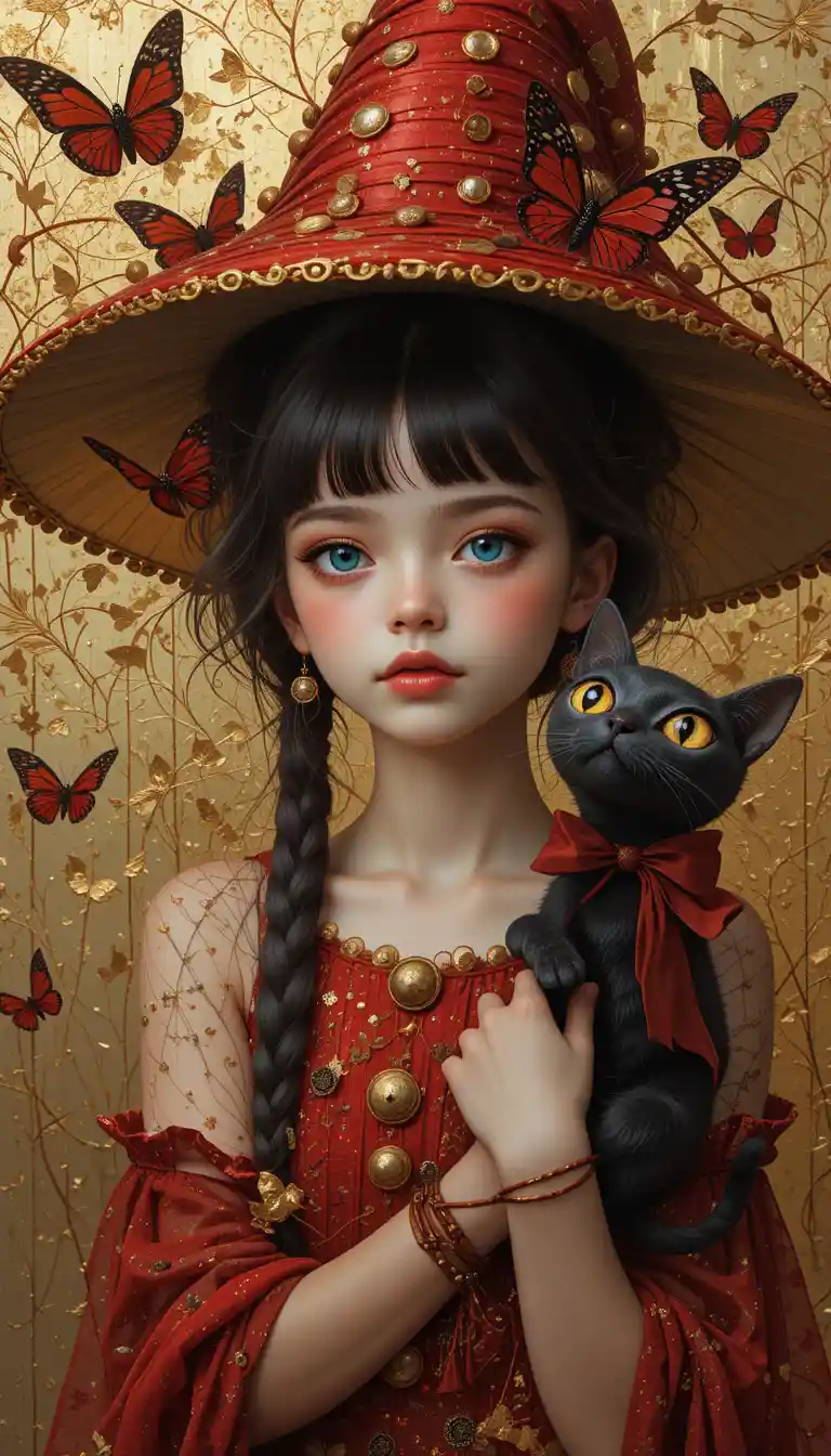 Fantasy girl in red dress with whimsical black cat