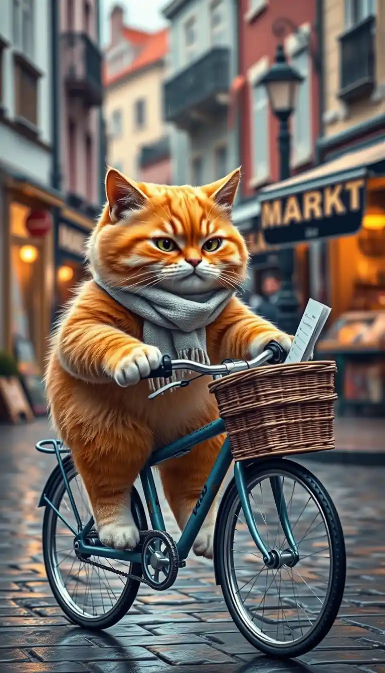 Orange cat riding a bicycle through a rainy market street