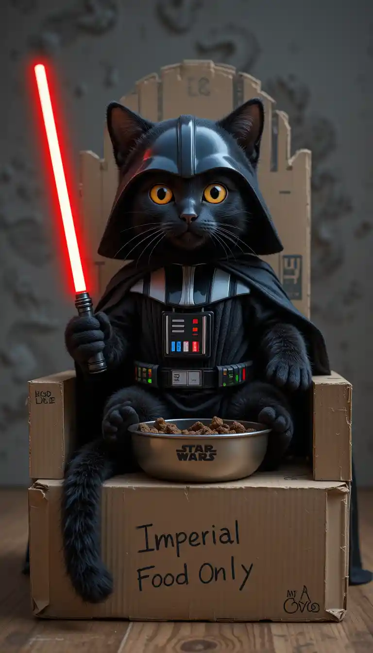 Darth Vader inspired black cat with glowing yellow eyes