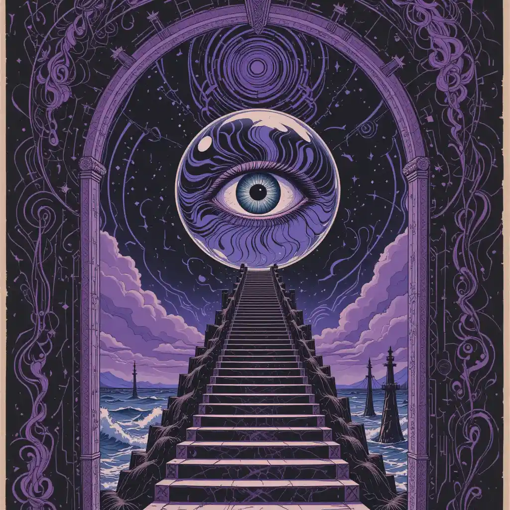 Psychedelic crystal ball poster above a surreal ocean