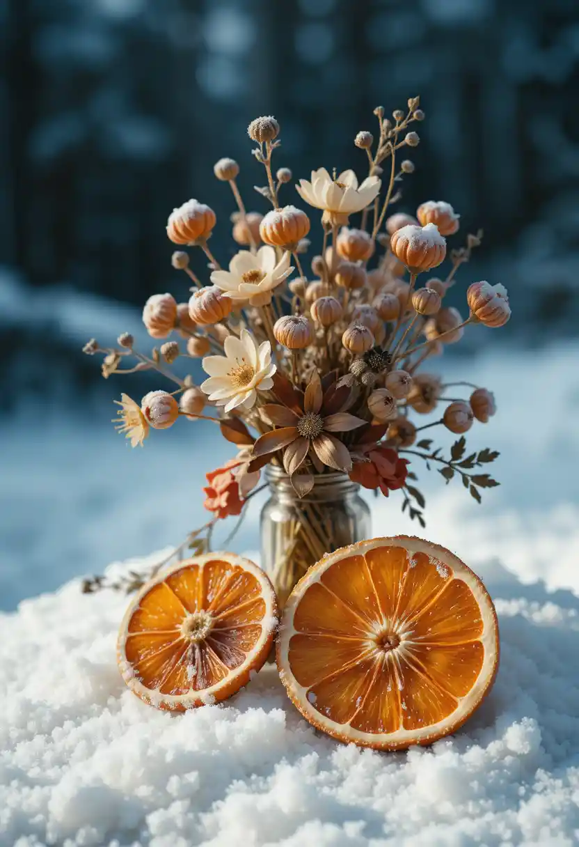 Forest flowers and dried orange slices on snow