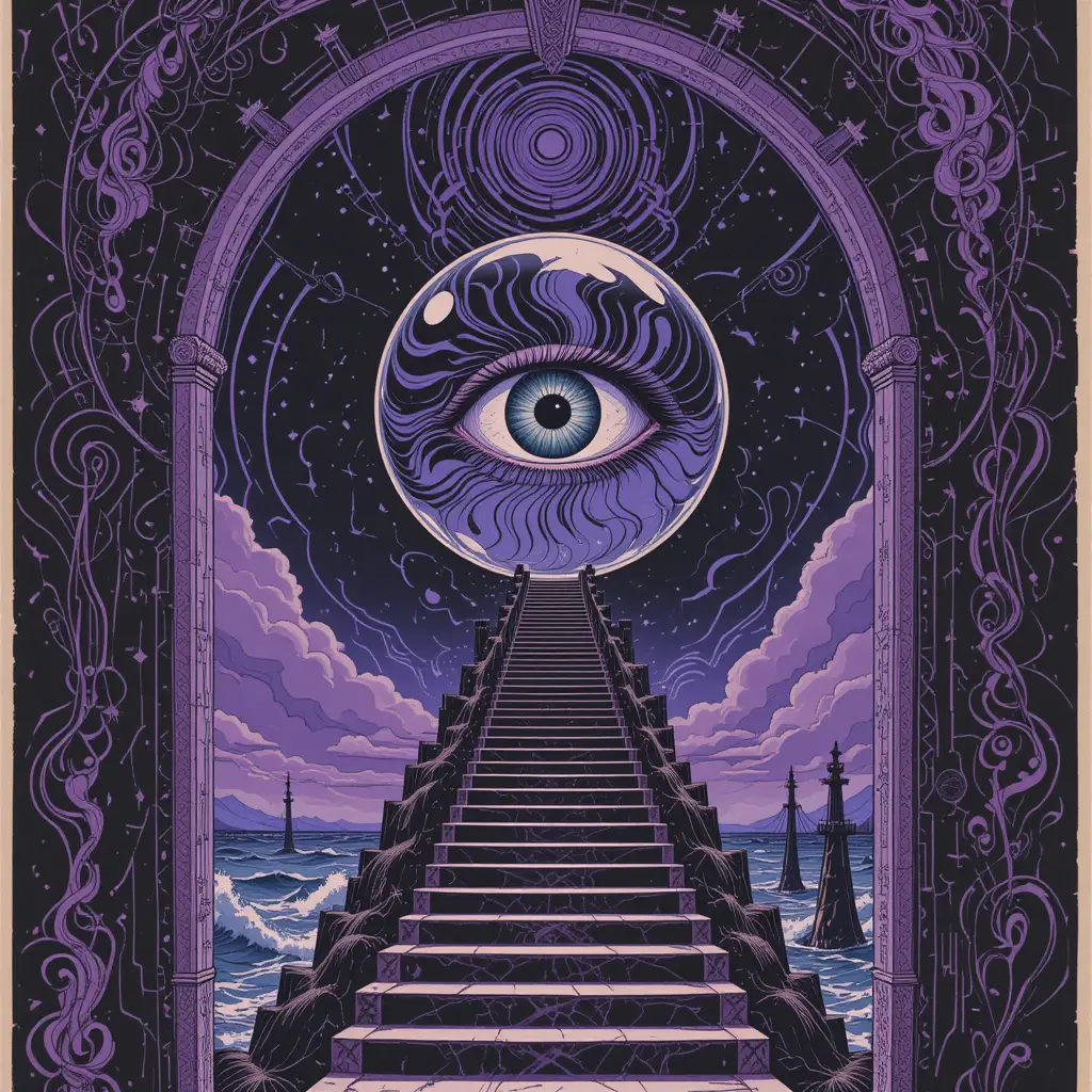 Psychedelic crystal ball poster above a surreal ocean