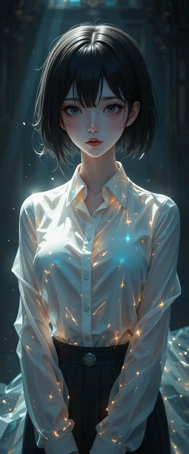 Crying anime woman in glowing iridescent business shirt