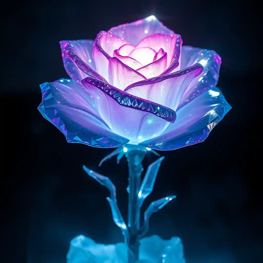 Luminous crystal rose glowing in a dark night
