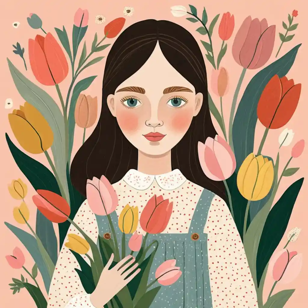 Cute girl holding tulip bouquet in naive collage art