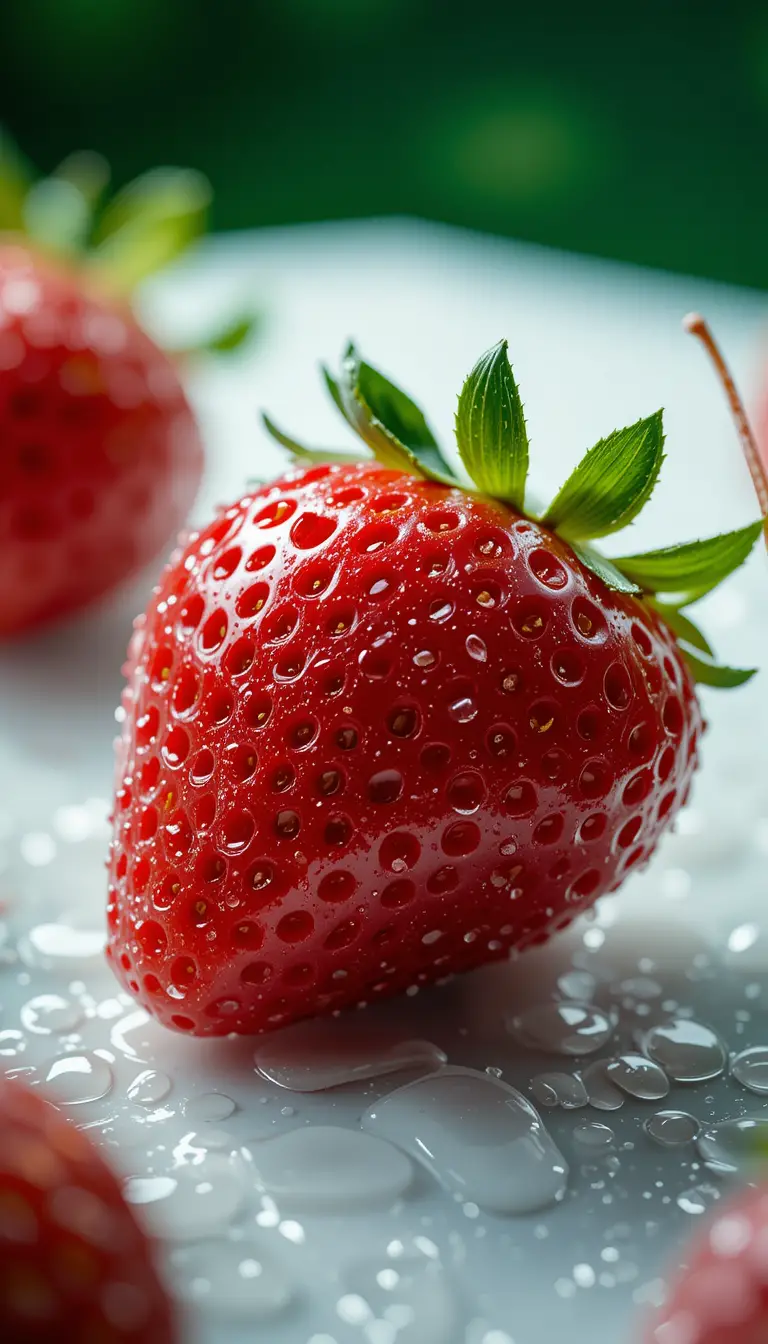 Fresh strawberry close up with water droplets on green