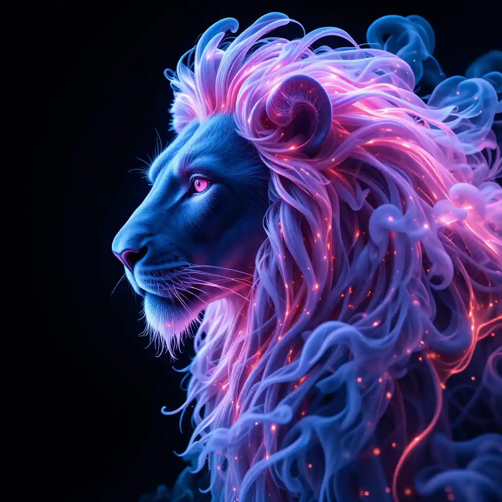 Neon smoke lion glowing against dark black background