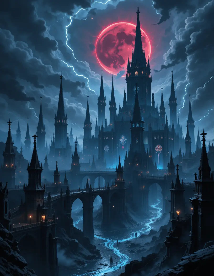 Dark fantasy gothic city ruled by a mysterious queen goddess