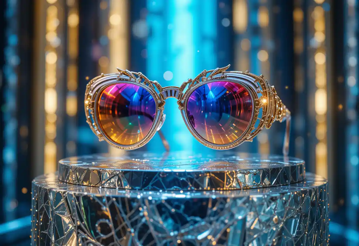 Futuristic sunglasses on metallic pedestal with lightshow backdrop
