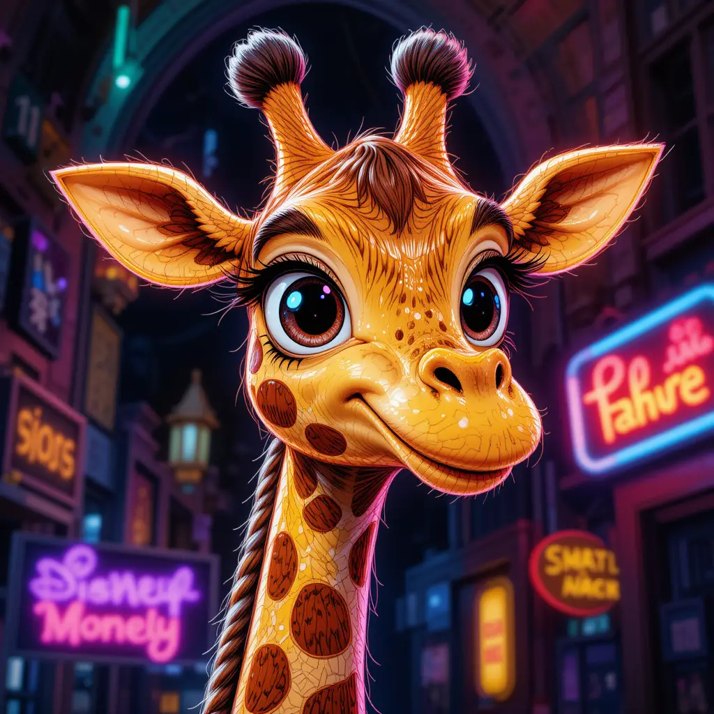 Cute cartoon giraffe close up with big bright eyes