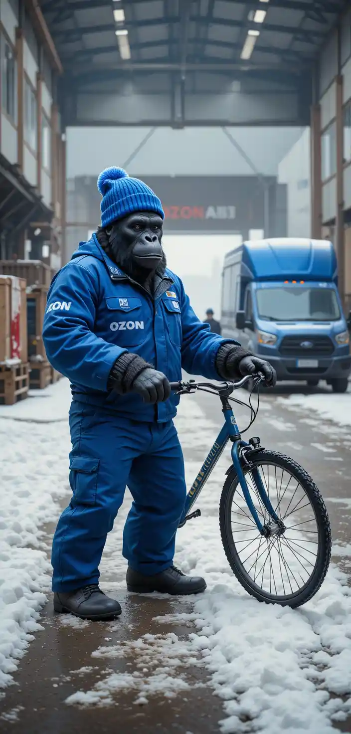 Confident Winter Gorilla Worker Beside Warehouse Bike