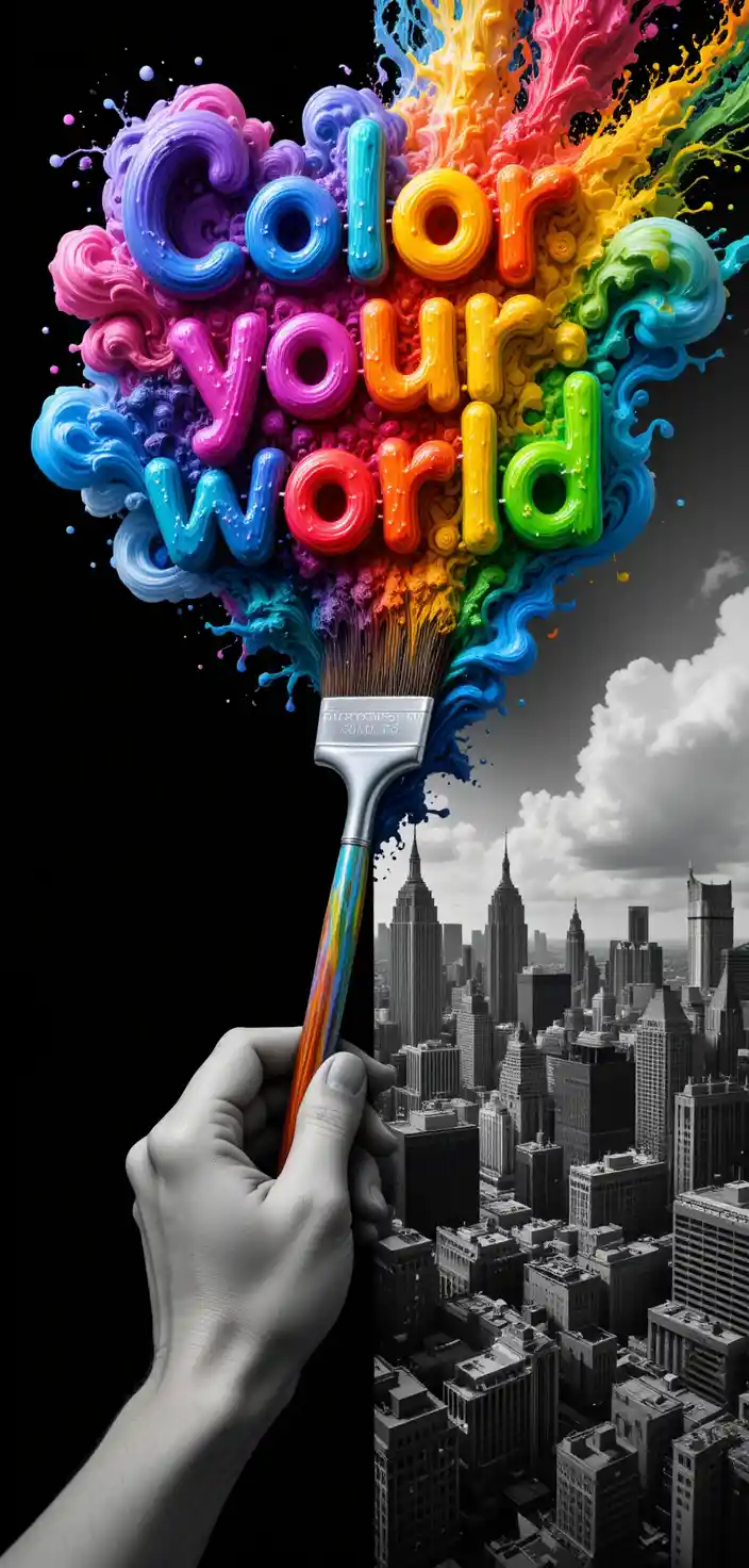 Surreal hand painting a rainbow cityscape postcard poster