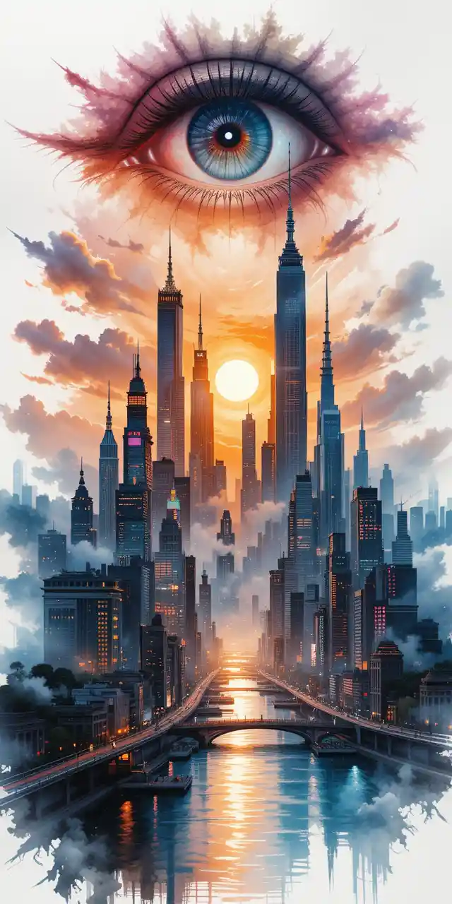 Surreal sunset cityscape with watching eye in the sky