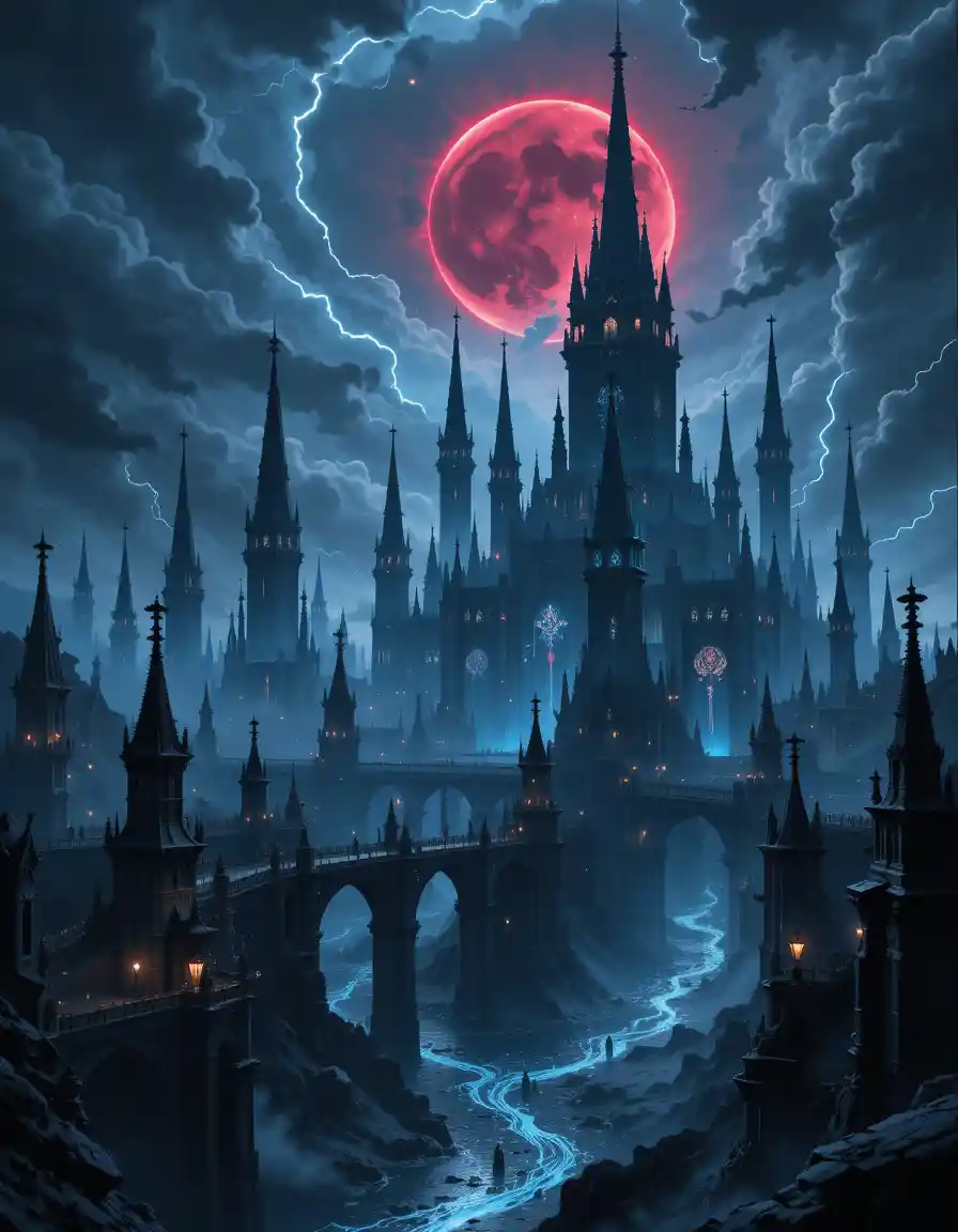 Dark fantasy gothic city ruled by a mysterious queen goddess