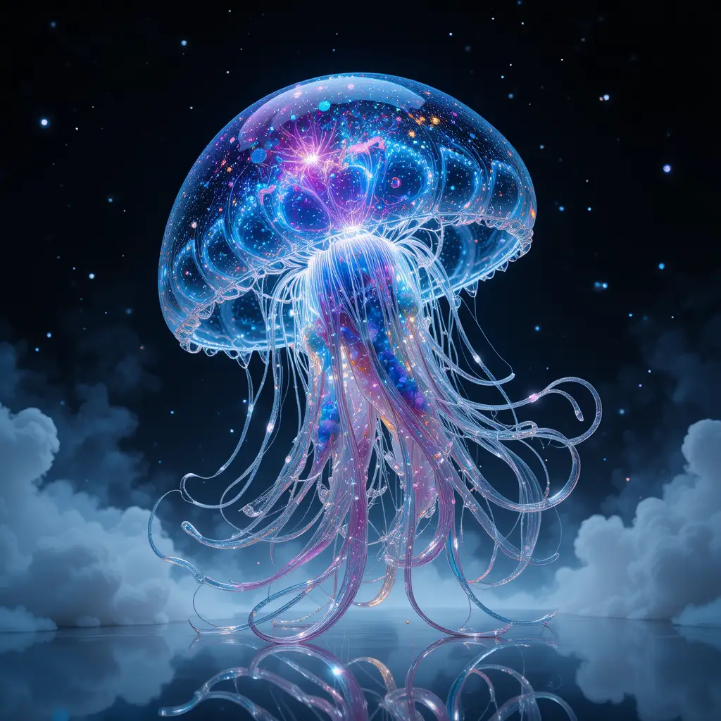 Glass Jellyfish Galaxy Drifting In Star Filled Space