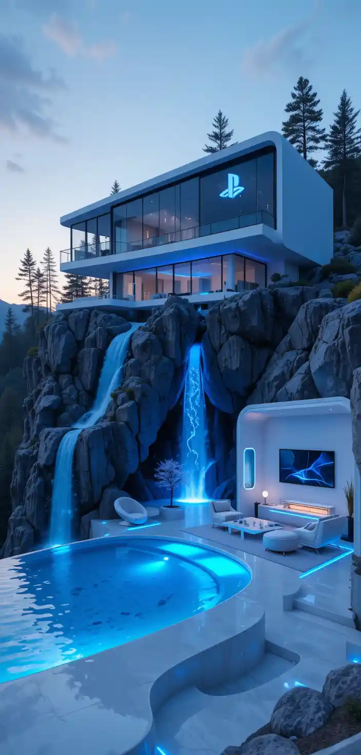Futuristic console inspired house on cliff at twilight