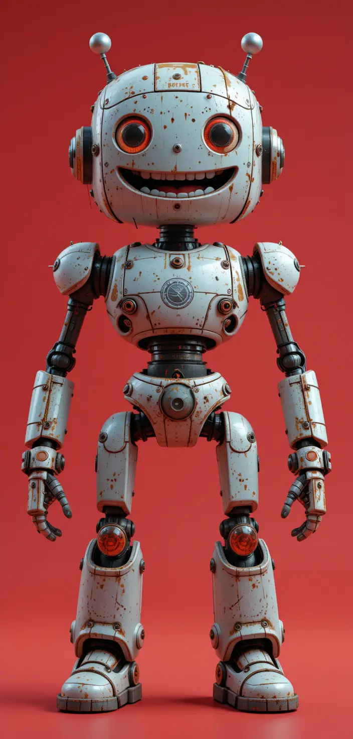 Cute 3D cartoon robot character on red background