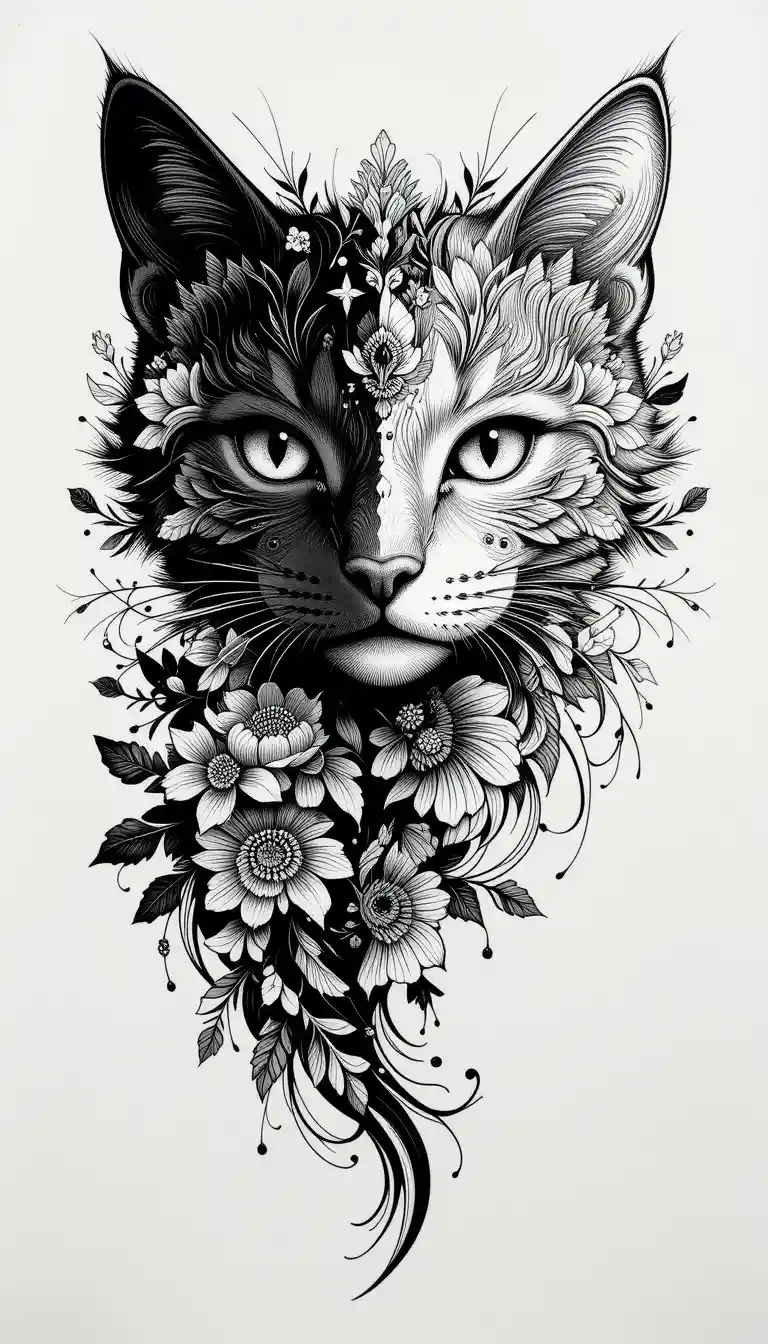 Intricate ink cat face formed from floral elements