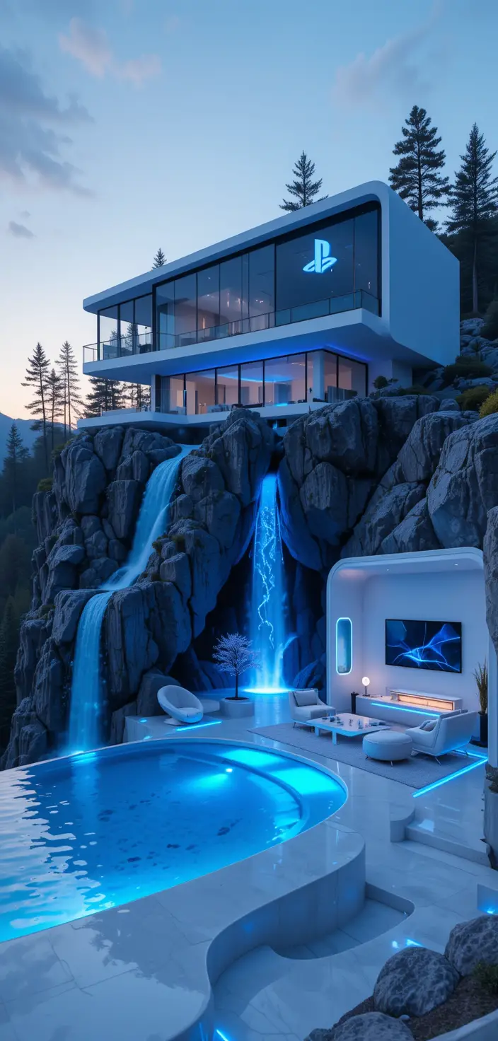 Futuristic console inspired house on cliff at twilight