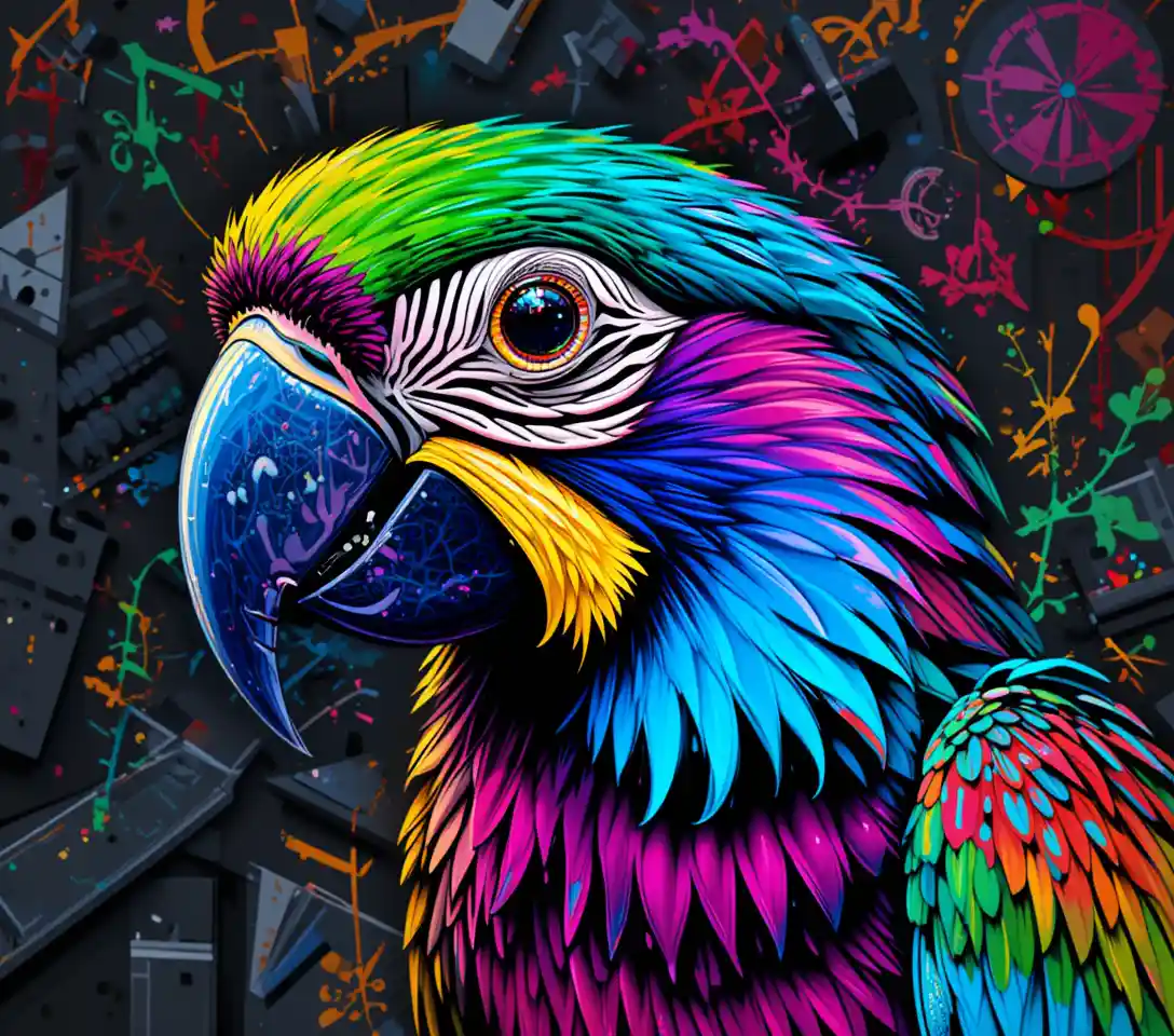 Retrato Pop Art Vibrante de un Loro Neón de Perfil