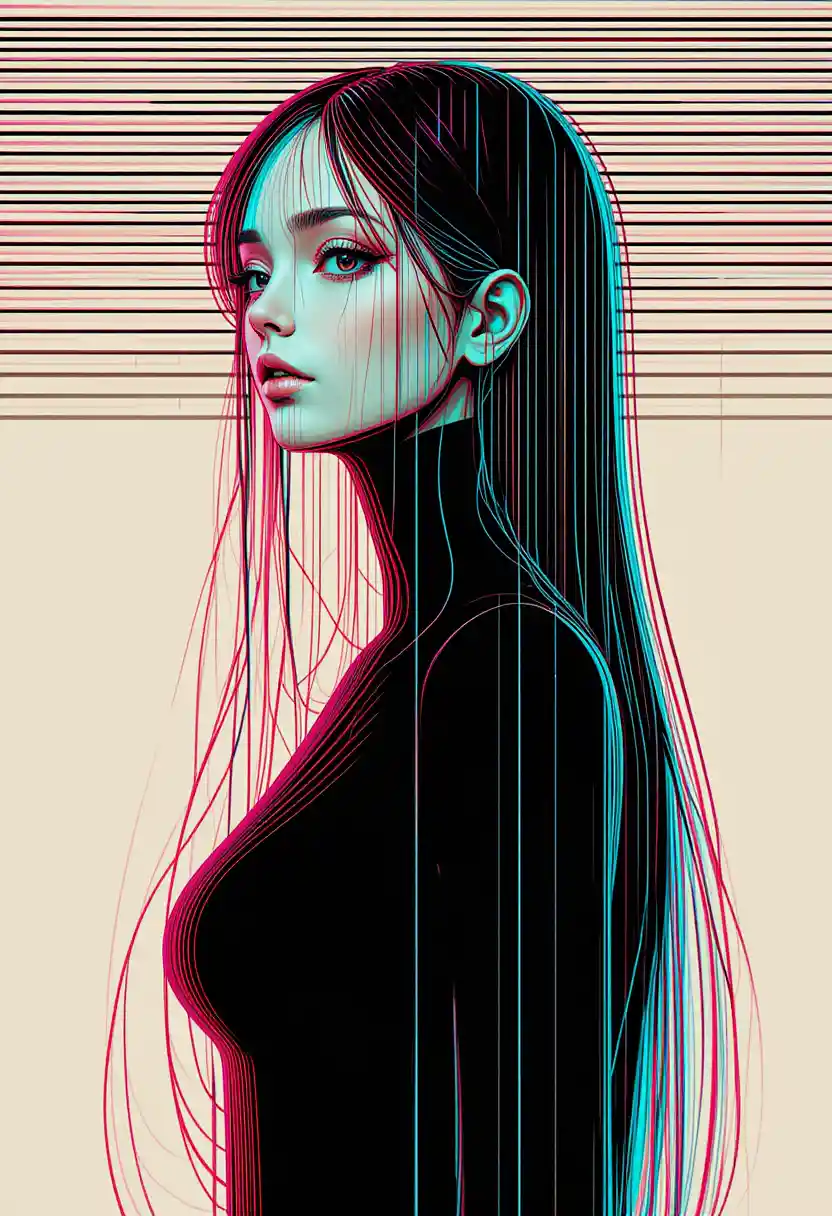 Anime woman full body with abstract anaglyph lines