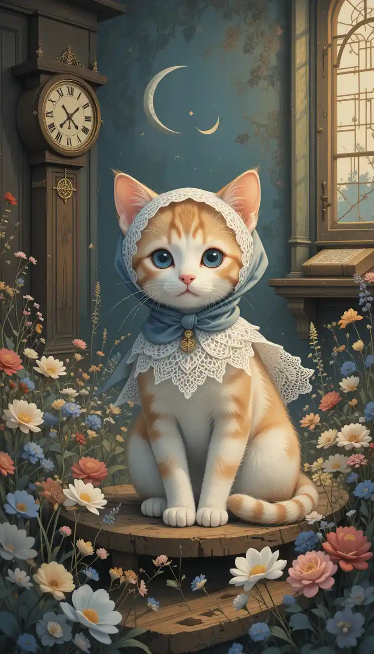 Cute kitten in lace headscarf in a magical cozy room